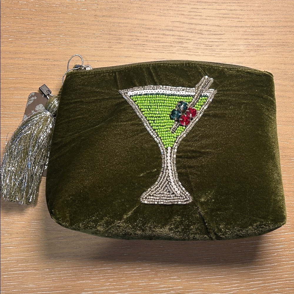 Green Velvet Makeup Bag with Beaded Martini Design